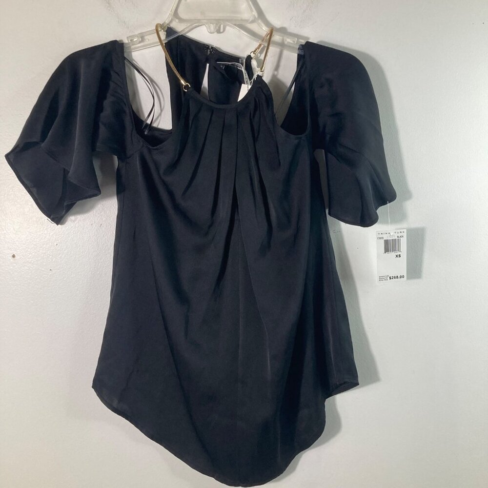 Womens Trina Turk Audree Silk Cold Shoulder Chain Top Black Gold XS Silk Spandex